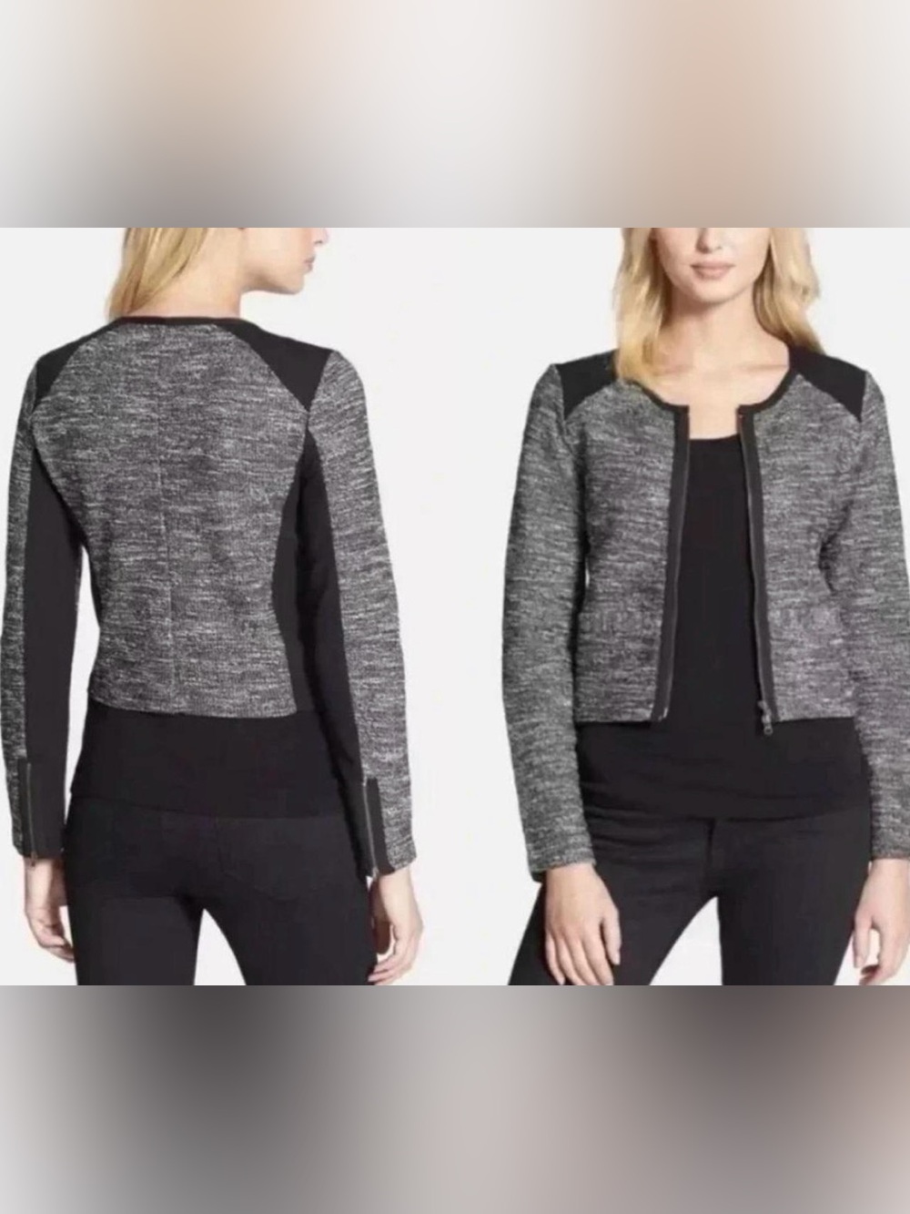 Eileen Fisher Tweedy Knit Jacket Blazer Zip Motto Cropped Black White Size PS
